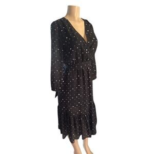 Women 0 J.Crew Point Sur Black Polka Dot Dress Faux-Wrap Crinkle Chiffon Belted